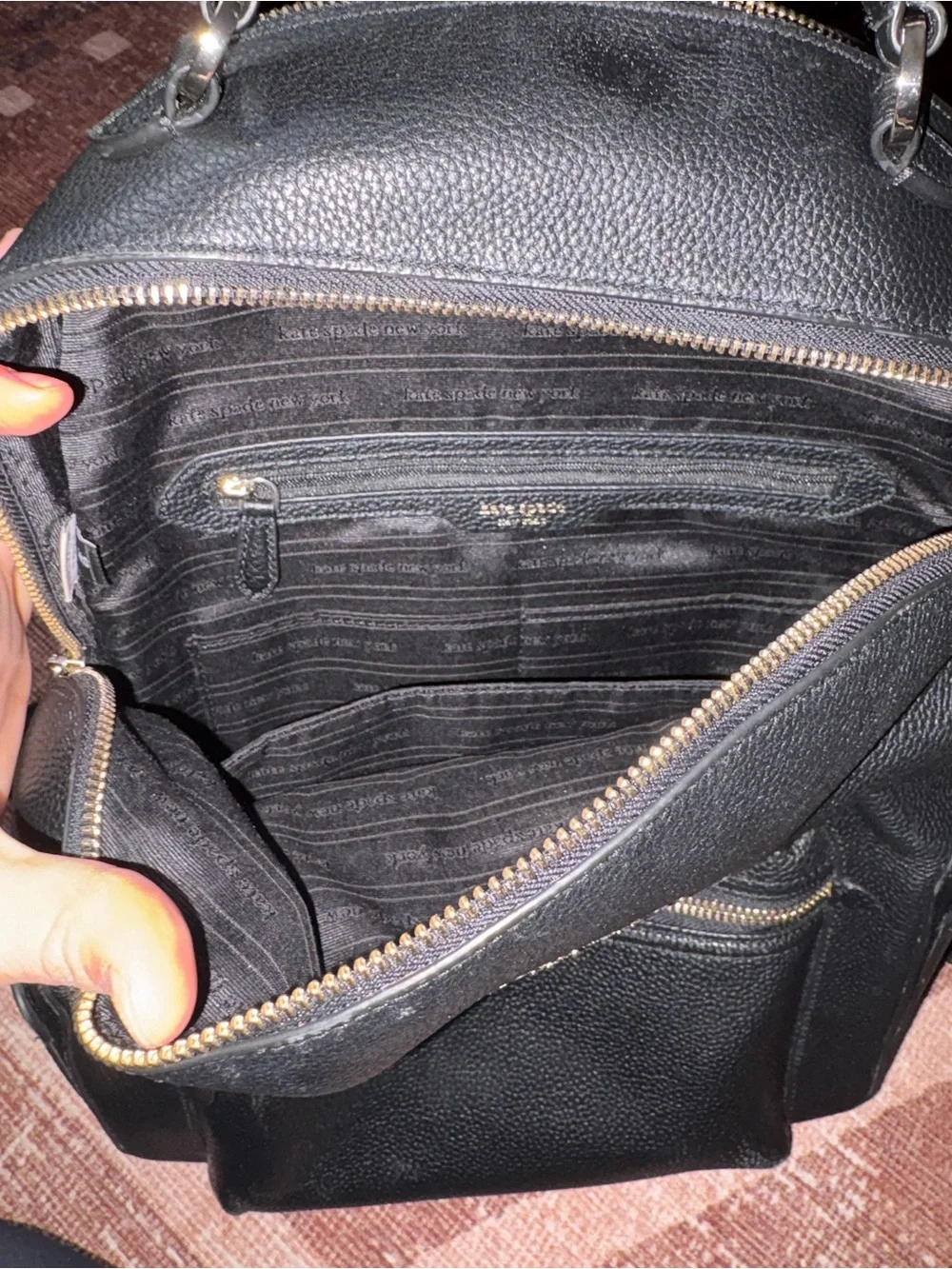 kate spade Black Leather Pebbled Backpack with Front Zip Pocket